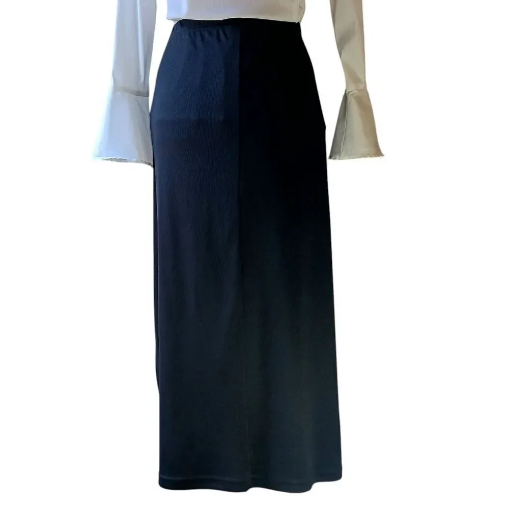 VINTAGE 80's Maxi Knit Skirt Side Slit Stretch Elastic Waist Basic Black Size 1X